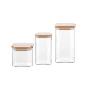 Bocaux de rangement en verre avec couvercles en bois, forme rectangulaire, design minimaliste, écologiques, petits récipients de cuisine - Product Image 1