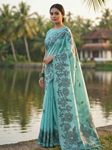 Sari en lin imprimé moderne avec chemisier pour les occasions de fête, mariage, Diwali - Product Image 5