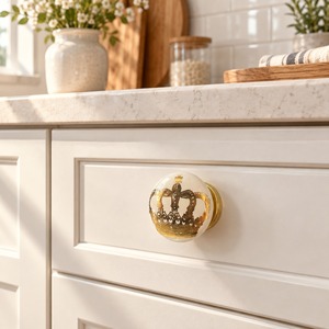 SHUBHAM Luxury Ivory <b>Ceramic</b> Cabinet <b>Knob</b> with Gold Crown Design – Decorative Furniture Drawer Wardrobe <b>Cupboard</b> Handle - Product Image 5