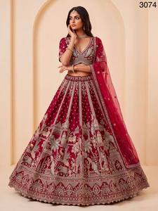 Ensemble Lehenga Choli en soie brodée bordeaux avec dupatta, col en V, tenue de mariée, vêtements de fête de mariage - Product Image 1