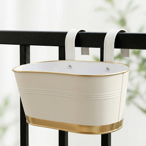 Jardinière murale en métal blanc avec bordure dorée, pot de fleurs suspendu pour jardin, pot de fleurs décoratif en métal, jardinière de fenêtre, conteneur pour plantes - Product Image 3