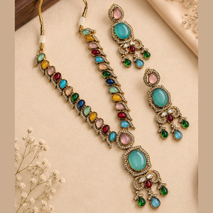 Ensemble collier et boucles d'oreilles ethniques pour femmes JeweleMarket, plaqué or, avec cristaux Meenakari et strass multicolores, pour mariage - Product Image 1