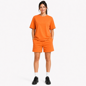 Wholesale Women Heavy Cotton Short <b>Set</b> Loose Fit T Shirt Drawstring Shorts Two Piece Short <b>Set</b> Casual Summer Streetwear Wear - Product Image 1