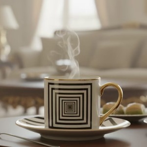 Ensemble tasse et soucoupe à café ou thé en céramique, design créatif, motif géométrique, avec anse et bordure dorées - Product Image 5