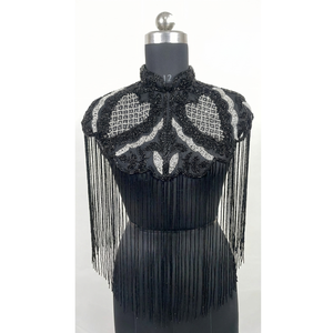 <b>Black</b> Embroidered Beaded Fringe Cape Collar Women Sequin Tassel Shoulder <b>Shawl</b> Evening Party Wear Accessory - Product Image 1