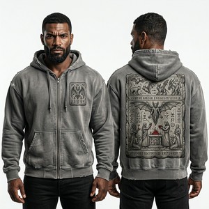 Sudadera con capucha gris vintage para hombre, con cremallera, estampado gráfico de ritual antiguo personalizado, estilo streetwear, efecto desgastado, lavado mineral, de fábrica. - Product Image 1