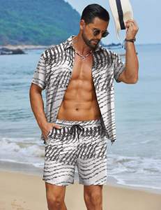 Conjunto de Camisa de Manga Corta con Botones y Pantalones Cortos a Juego con Estampado de Ondas Abstractas para Hombre, Atuendo Ligero Informal de Verano - Product Image 5