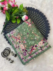 Indian Boutique Traditional <b>Silk</b> Saree with Tissue Organza and Beautiful Multi Embroidery C-Pallu Work for Women Party Wear - Product Image 3