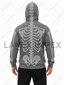 Men’s Grey <b>Skeleton</b> Rhinestone Hoodie with <b>Full</b> Zip Balaclava Mask, Crystal Skull Bone Pattern, Gothic Hip Hop Streetwear Jacket - Product Image 4