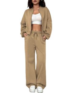 Conjunto Deportivo Beige para Mujer con Cierre, Manga Larga, Color Sólido, Sudadera Holgada Informal y Pantalones con Bolsillos Laterales para Otoño - Product Image 4