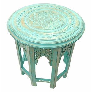 Table d'appoint hexagonale artisanale en bois massif sculpté, turquoise antique, traditionnelle, écologique, Moradabad, vente en gros Aqudus Saleem - Product Image 1