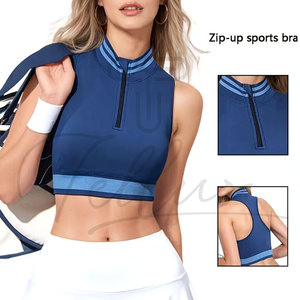 Top Deportivo Corto Azul con Cuello Alto y Cierre Frontal, Sin Costuras, con Ribete Azul Claro - Product Image 6