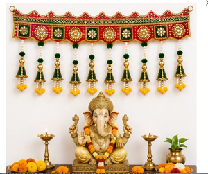 Traditional Indian Door Toran with Red Green Embroidery and Tassels for Entryway Decor - Product Image 3