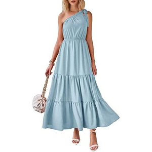 Floral Print Chiffon Maxi <b>Dress</b> One-Shoulder A-Line Casual Summer Leisure High Waist Slim Fit Pink Pleated - Product Image 6