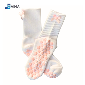 JZVINA <b>Women</b> Non-Slip Bow Crew <b>Socks</b> With Flower Grip Ankle Length Cotton Anti-Slip Floor <b>Socks</b> for Pilates - Product Image 3