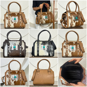 Western Hair On Cowhide Leather Speedy <b>Bag</b> With Turquoise Concho <b>Studded</b> Design Duffel Handbag For Women Travel And Daily Use - Product Image 3