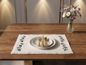 Custom Washable Reuse Embroidery Pretty Purple Floral <b>Placemats</b> Napkins Sets 100% Linen Hemstitch Mats Home Wedding Events - Product Image 3