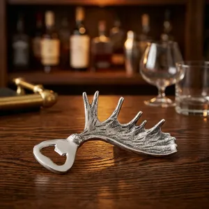 Abridor de Botellas de Metal Decorativo con Diseño de Cuerno de Ciervo Rústico, Estilo Antiguo Plateado, Accesorio de Bar para Cocina y Comedor - Product Image 5
