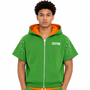 Trendy Short Sleeve Full <b>Zip</b> <b>Hooded</b> Sweatshirt Heavyweight Cotton Contrast Hoodie Unisex Color Block Hoodie With Rhinestones - Product Image 1