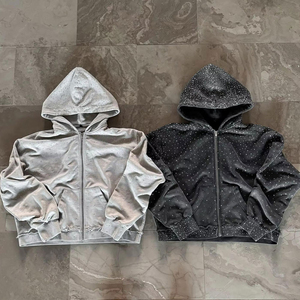Sweat-shirt unisexe à capuche avec fermeture éclair, strass et motif à pois, coupe classique, décontracté, en coton tricoté, pour l'automne - Product Image 5