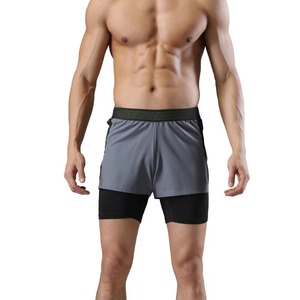 Men's Gray Quick Dry Sport Shorts With Black Inner <b>Layer</b> Elastic Waist <b>Mid</b> Rise Short Shorts Solid Color Knitted Fabric - Product Image 1