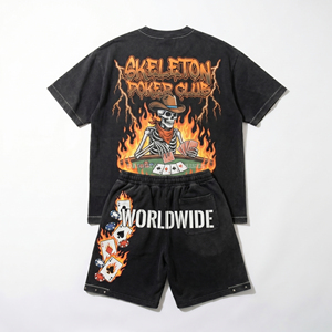 Ensemble T-shirt et short imprimé Skeleton Poker Club pour homme, en coton noir, style streetwear, col rond, tenue d'été, logo mondial - Product Image 2