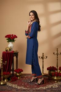 Ensemble pantalon et kurta droit en coton épais bleu, col rond, longueur mollet, uni, tenue ethnique festive pour femme, tailles M L XL XXL - Product Image 3