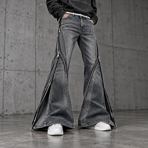 Pantalones Vaqueros Acampanados de Diseño Personalizado para Hombre, Estilo Lavado, OEM ODM, Moda Urbana, Algodón, Cierre de Cremallera, Parte Inferior Abierta - Product Image 1