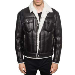 Custom Wholesale Men Black Genuine Sheepskin Leather <b>Jacket</b> White Faux Fur <b>Shearling</b> Collar Winter Warm <b>Bomber</b> Trucker Coat - Product Image 5