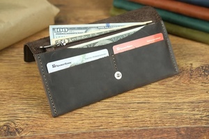 High Quality Genuine Leather Bifold Wallet for Men Women Unisex Long <b>Purse</b> Button Closure Cotton Lining Featuring Logo Pattern - Product Image 2
