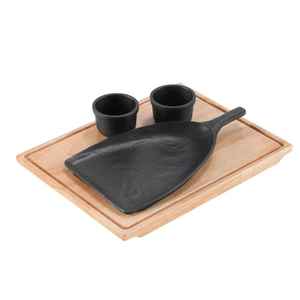 Plat de service en fonte pré-assaisonné avec base en bois et 2 bols à sauce, plateau de service pour steak, ensemble de vaisselle de restaurant - Product Image 1