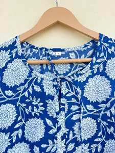 Women's Blue Floral Hand Block Print Tie-Neck Cotton Midi <b>Dress</b> With Puff Sleeves <b>Loose</b> Fit Summer Casual <b>Dress</b> - Product Image 3