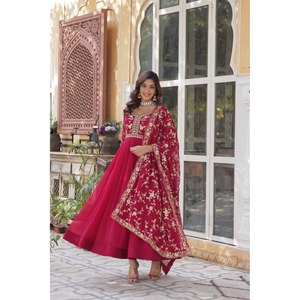 Handmade Designer Floral Print Gown Multi Embroidered <b>Sequins</b>-A-Line Waistline Empire Embroidered Organza Party Wear - Product Image 1
