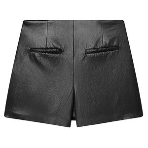 Jupe mini trapèze en cuir taille haute pour femme, froncée devant, couleur unie brillante, design minimaliste, toutes saisons - Product Image 2