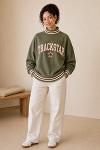 Olive Green Women's Mock Neck Sweatshirt Cream Burgundy Striped Trim Ivory Varsity Letter <b>Star</b> Trackstar Custom OEM Pullover - Product Image 1