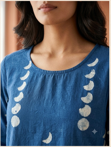 Kurti droit imprimé en coton bleu pour femme, col rond, manches trois quarts, tunique ethnique décontractée confortable pour tous les jours - Product Image 2