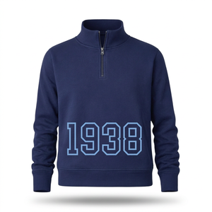 Sudadera de invierno azul marino para hombre, estilo preppy, con cuello alto y cremallera media, con estampado del número 1938, poliéster/algodón - Product Image 1