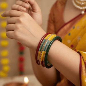 <b>Indian</b> Manufactured Tricolor Lac <b>Bangles</b> with Gold Rhinestones Set of 2 Elegant Traditional Jewelry for Women Available For Sale - Product Image 4