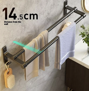 Porte-serviettes mural moderne à double barre en acier inoxydable, adhésif puissant, sans trace, pour salle de bain (OEM/ODM) - Product Image 4