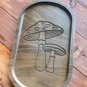 Plateau de rangement ovale portable en noyer, gravé motif champignon, style rustique, pour cuisine et bureau, plateau de service en bois - Product Image 1