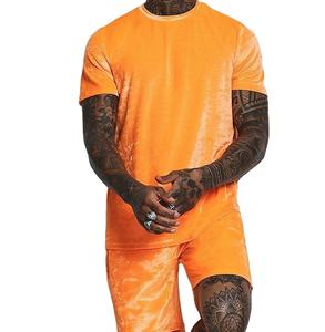 Conjunto de camiseta y pantalones cortos de terciopelo naranja de color sólido, ropa de abrigo, entrenamiento de gimnasio de verano, conjunto de pantalones cortos a juego de terciopelo ajustado, chándales transpirables - Product Image 1