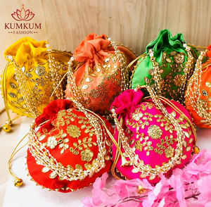 Sac Potli indien fait main, idéal pour cadeaux de mariage, faveurs de demoiselles d'honneur, pochette à cordon pour Haldi, Mehndi, Sangeet, et cadeaux de remerciement - Vente chaude - Product Image 1