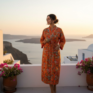 Bata Kimono de Algodón con Estampado Floral Naranja para Mujer, Cuello en V, Manga Larga, Cinturón con Cordón, Hecha a Mano, Ropa de Estar por Casa - Product Image 3