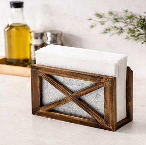 Porta Servilletas Rústico de Madera Estilo Granja para Mesa, Dispensador Vertical de Servilletas de Madera Marrón y Metal Galvanizado - Product Image 3