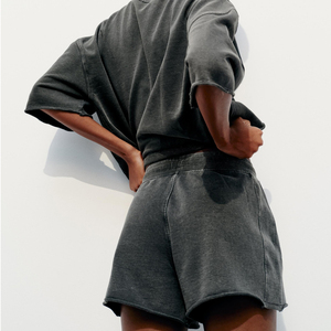Ensemble 2 pièces décontracté pour femme en coton lavé, col rond, manches courtes, coupe ample, couleur unie, idéal printemps-été – Prix de gros - Product Image 4