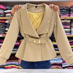 Manteau trench élégant pour femme avec ceinture, manches lanternes, col cranté, taille ajustée, doublure en satin, style bureau, peplum décontracté - Product Image 4