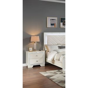 Comodino Classico di Lusso in Legno Crema con 2 Cassetti e Pannello in Vetro a Specchio, Arredamento Camera da Letto - Product Image 4