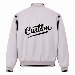 Men's <b>Light</b> Gray Satin Bomber <b>Jacket</b> with Embroidered Custom Logo Front Stand Collar Pullover Closure Casual Winter Wear - Product Image 4