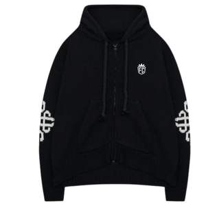 Sweat à capuche zippé en tricot épais noir avec logo brodé, tricot doux et confortable, idéal pour le streetwear décontracté - Product Image 1