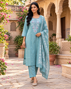Ensemble trois pièces Kurta, pantalon et dupatta brodé bleu ciel pour femme, motif floral, tenue ethnique indienne, fabricant et fournisseur en gros - Product Image 1